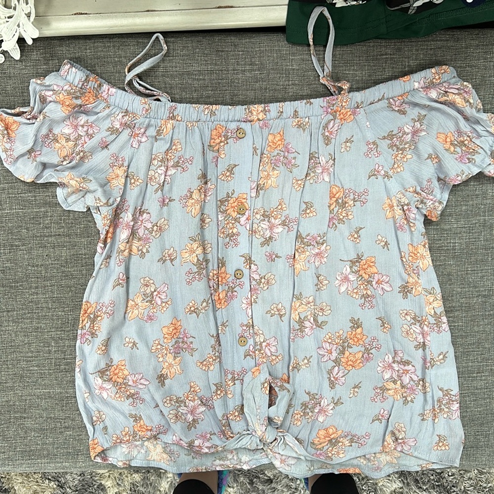 Hippie Rose blue floral off the shoulder tie front top